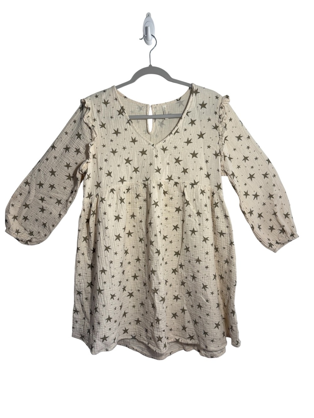 Rylee + Cru Baby Doll Cut Dress, Cream Gray Celestial Star Print 100% Cotton M
